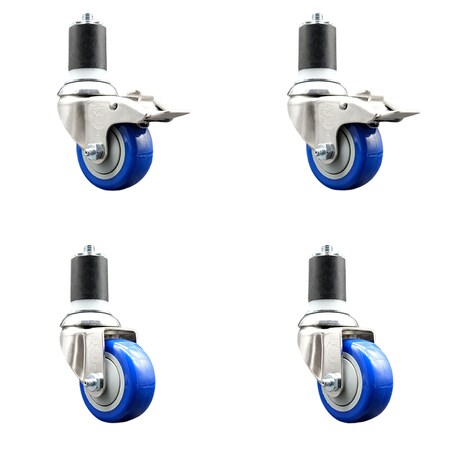 Service Caster 3 Inch 316SS Blue Poly Swivel 1-3/4 Inch Expanding Stem Caster Lock Brake, 2PK SS316TTLEX20S314-PPUB-BLUE-2-S-2-134
